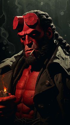 a painting of a man holding a lit candle in his hand and wearing devil makeup