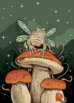 a frog sitting on top of a mushroom with stars in the sky behind it and a green background