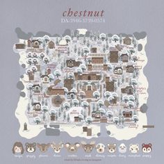 an illustrated map with many different animals and houses on it's sides, including the town