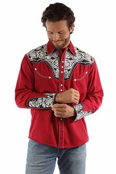 Men's Red, White, Blue Floral Tool Embroidered Western Shirt by Scully P-634 RWB Polyester/Rayon blend Snap Front Shirt Floral tooled embroidery (front/back) and cuff Machine wash cold, hang dry. Imported Cowboy Clothing, Embroidered Western Shirt, American West Handbags, Embroidered Cuffs, Flannel Vest, Arrow Point, Country Cowboy, Leather Company, Popular Styles