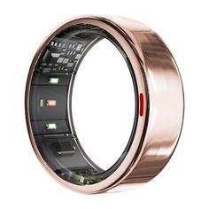 a rose gold wedding ring with green and red lights inlays on the inside