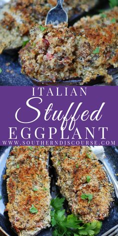 italian stuffed eggplant on a plate with parsley garnish and fork