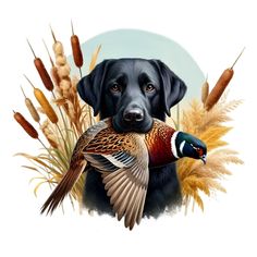 a painting of a dog holding a duck in it's mouth while surrounded by feathers