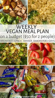 a collage of vegan meal plans including pasta, broccoli, strawberries and other foods