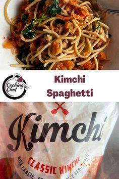 a bag of kimchi with noodles and spinach in it next to a bag of spaghetti