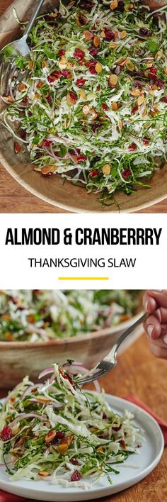 two pictures showing the process of making a salad with almonds and cranberry