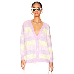 Nwt Olivia Rubin Mika Knitted Cardigan In Pastel Stripe. Mika Knitted Cardigan From Olivia Rubin Featuring Pastel Yellow, Pink, Lilac Purple, Knitted Construction, Ribbed Trim, Horizontal Stripe Pattern, Sequin Embellishment, V-Neck, Front Button Fastening, Long Sleeves And Straight Hem. Composition Viscose 50%, Nylon 28%, Polyester 22% Washing Instructions Hand Wash New With Tags Trendy Purple V-neck Cardigan, Chic Purple Cardigan For Spring, Chic Purple Long Sleeve Cardigan, Winter Chic Purple Cardigan, Chic Purple Spring Sweater, Chic Purple Sweater For Spring, Purple Spring Cardigan For Layering, Spring Purple Cardigan For Layering, Olivia Rubin