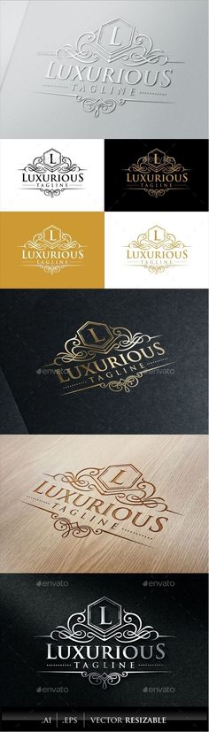 a bunch of different logos that are on the side of a wooden table with gold lettering