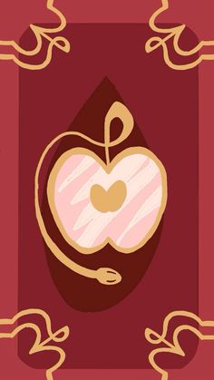 an apple with a heart in the center on a red and gold background, surrounded by golden ribbons