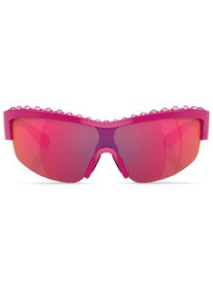 rose pink acetate high-shine finish mask multicolour mirrored lenses UV-protective lenses logo lettering half pavé Swarovski crystal band sculpted arms straight tips These glasses come with a protective case. Sculpted Arms, Lens Logo, Designer Shades, Pink Lifestyle, Boot Jewelry, Mood Board Fashion, Sunglass Frames, Sunglasses Accessories, Heeled Boots