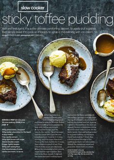 the recipe for sticky toffe pudding is shown on two plates with spoons and sauce