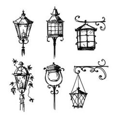 vintage street lamps and lanterns on white background