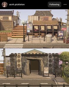 two screens showing the different stages of creating a small town with lots of houses and buildings