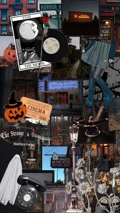 a collage of halloween images including an old fashioned telephone