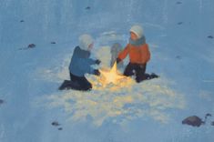 two children sitting around a fire in the snow