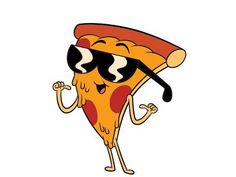 a slice of pizza with black and white stripes on it's eyes, arms and legs