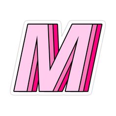 the letter m sticker is pink and has diagonal lines on it, as well as letters