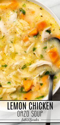 closeup of a bowl of soup with a spoon and text overlay that reads lemon chicken orzo soup Lemon Orzo Soup, Lemon Chicken Orzo, Orzo Soup Recipes, Orzo Soup, Orzo Recipes, Chicken Orzo, Chicken Orzo Soup