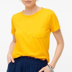 Xs Nwt J.Crew Burnt Yellow T-Shirt Great Everyday T-Shirt With Pocket On Chest And Sleeves Folded Over Super Cute Summer/Spring Staple Linen Shorts Women, Linen Tee, Crew Neck Tshirt, Yellow T Shirt, Jcrew Women, Stretch Shorts, Floral Print Shorts, Puff Sleeve Top, Striped Tee