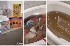 three pictures show the process of washing dishes