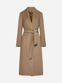 Max Mara Studio's Loriana coat in camel-tone virgin wool featuring shawl lapels, matching self-tie waist belt, side pockets, slit at center back and all-over logo lining. Composition: 100% virgin wool Belted Wool Coat, Max Mara Coat, Red Valentino Shoes, Wang Dress, Self Portrait Dress, Long Sleeves Coats, Max Mara, Long Coat, Black Coat