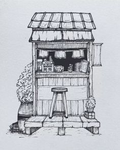 an ink drawing of a bar with stools and potted plants on the outside