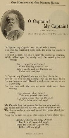 an old book page with the caption'o captain my captain '