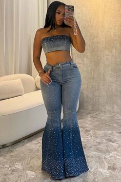 Flare Pants Denim, Tube Top Outfit, High Waist Flare Pants, Denim Tube Top, Rhinestone Denim, Pants Denim, Rhinestone Decor, Top Pants Set