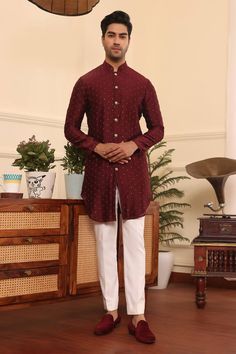 Wine full sleeve kurta with thread, sequin work and mandarin collared neckline. Paired with pant. - Aza Fashions Fitted Kurta With Embroidered Sleeves For Festivals, Festive Long Sleeve Chikankari Bandhgala, Festive Long Sleeve Bandhgala With Chikankari Embroidery, Fitted Nehru Jacket With Embroidered Sleeves, Semi-formal Long Sleeve Sets With Resham Embroidery, Fitted Kurta With Embroidered Sleeves And Traditional Drape, Cotton Straight Kurta With Embroidered Sleeves, Cotton Traditional Wear With Embroidered Sleeves, Traditional Sherwani With Embroidered Sleeves