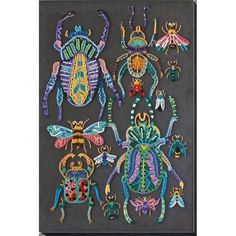 beaded bugs and insects are displayed on a black background