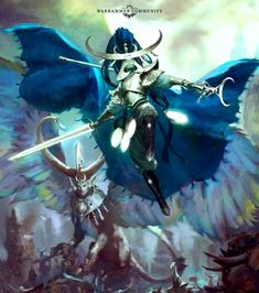 an image of a woman with horns and wings on her back, holding two swords