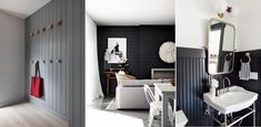 there are two pictures of a bathroom with black walls and white furniture in the same room