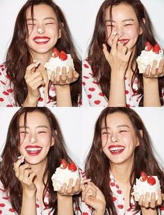 four pictures of a woman eating a piece of cake with whipped cream and strawberries on top