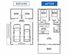 the floor plan for a two story house with an attached garage and living room area