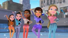 four cartoon girls are standing in the snow