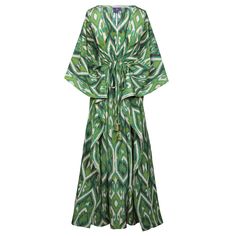 Introducing the Gallipoli Green Ikat maxi kaftan dress, a captivating blend of Italian flair and exotic allure. With its lush green ikat print inspired by the landscapes of Gallipoli, this dress exudes effortless elegance and timeless charm. Slip into this breezy silhouette and let it transport you to sun-drenched shores and endless summer days, embodying the essence of Italian sophistication with a global twist. This Gallipoli Green silk is exclusively printed for Pax Philomena in Como, Italy a Summer Ikat Print Maxi Kaftan, Green Digital Print Kaftan, Summer Patterned Maxi-length Kaftan, Luxury Ikat Print Kaftan, Green V-neck Kaftan With Vibrant Print, Italian Dresses, Fashion Italy, Green Ikat, Maxi Kaftan