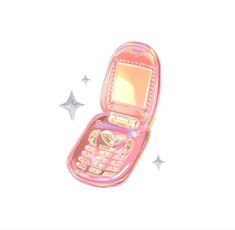 an open pink cell phone sitting on top of a white surface with stars around it