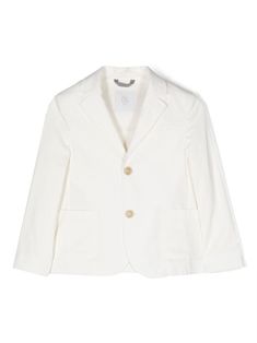 ivory white stretch-cotton peak lapels front button fastening two front patch pockets chest welt pocket long sleeves buttoned-cuff sleeves American rear vent straight hem White Cotton Sport Coat With Pockets, White Cotton Blazer For Business, Casual White Outerwear With Suit Collar, Classic Cotton Outerwear With Double Button Closure, White Sport Coat With Double Button And Notch Lapel, Classic Cotton Blazer With Pockets, White Notch Lapel Sport Coat With Double Button, White Notch Lapel Sport Coat With Double Button Closure, Cotton Outerwear With Button Closure And Suit Collar