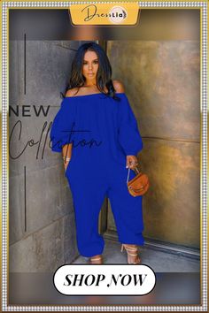 Stylish Solid-color Long Sleeved Off-the-shoulder Jumpsuit Casual Off-shoulder Jumpsuit For Party, Casual Off-shoulder Jumpsuits And Rompers For Party, Chic Off-shoulder Blue Jumpsuit, Chic Off-shoulder Jumpsuits For Fall, Chic Off-shoulder Jumpsuits And Rompers For Fall, Jumpsuits And Romper, Color Pick, Jumpsuit Fashion, 1 Million