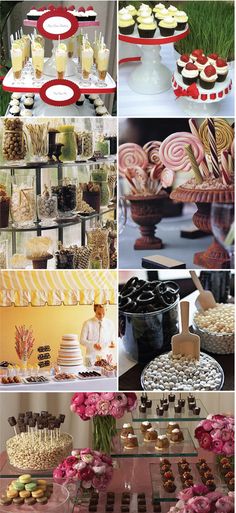 a collage of pictures with different types of candy and candies on display in them