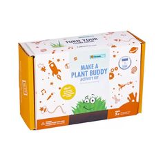 the make a plant buddy activity kit is packed in a white box with orange trim