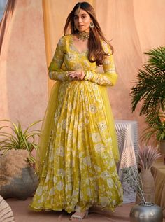 Shloka Khialani | Yellow Sel Vibrant Saree Set | INDIASPOPUP.COM Sabyasachi Dresses, Yellow Peonies, 1950’s Fashion, Frock Style, Long Dress Design, Indian Gowns Dresses, Indian Gowns