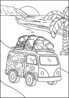 a van with surfboards on the roof and palm trees in the background coloring page