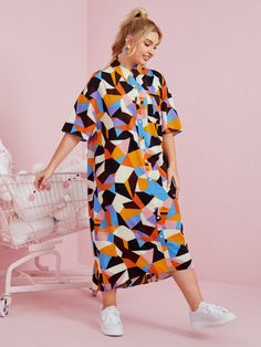 Multicolor Modest  Half Sleeve Polyester Geometric Shirt  Non-Stretch Spring/Summer Plus Size Dresses Plus Size Print Dresses, Size Ten Dresses, Plus Size Wirk Wear Dress, Cheap Oversized Dresses For Spring, Summer Dresses For Curvy Women 2022, Plus Size Casual With Sneakers, Graphic Tshirt Dress Plus Size, Cheap Oversized Dresses With Graphic Print, Plus Size Clothing Made In Usa