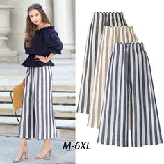 Portrait of a picture displaying Women’s High Waist Loose Striped Pants product. Casual Punk, Boho Winter, Ootd Women, Warm Pants, High Waist Wide Leg Pants, Striped Wide Leg Pants, Cotton Linen Pants, Loose Trousers, High Waist Fashion