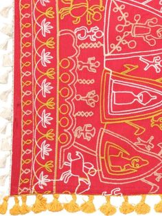 Red Tribal Motif Aari Embroidered Khadi Shawl/Dupatta With Lemon Cotton Lace By Mesmora now available at Trendroots Resham Embroidered Dupatta For Rituals And Festivals, Festivals Resham Embroidery Dupatta For Rituals, Festive Resham Embroidery Dupatta For Rituals, Red Cotton Dupatta For Diwali, Festivals Rituals Resham Embroidery Dupatta, Red Bohemian Shawl With Motifs, Red Bohemian Dupatta For Traditional Ceremonies, Festive Red Cotton Dupatta, Red Festival Dupatta With Motifs