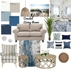 the living room is decorated in blue and gray tones, with neutrals on the walls