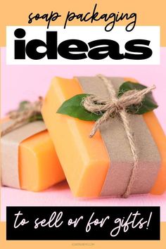 two soap bars wrapped in brown paper and tied with twine on pink background text reads soap packaging ideas to sell for gifts