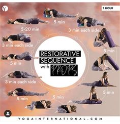 a woman doing yoga poses with the words restorative sequence