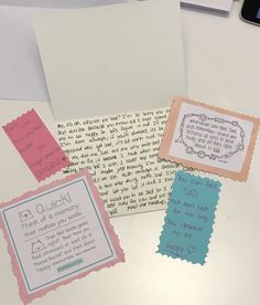 four pieces of paper with words on them and some type of notes attached to it